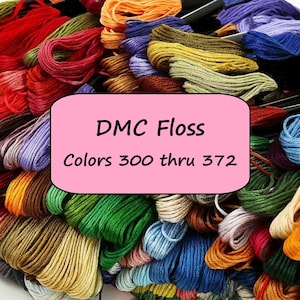 May include: A collection of colorful DMC floss in various shades, including red, orange, blue, green, and yellow. The image features a pink rectangle with the text "DMC Floss Colors 300 thru 372."