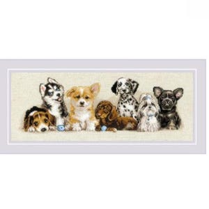 May include: A cross-stitch image featuring seven different dog breeds. The dogs include a Beagle, a Husky, a Corgi, a Dachshund, a Dalmatian, a Shih Tzu, and a French Bulldog. The dogs are in various poses, with some sitting and others lying down.