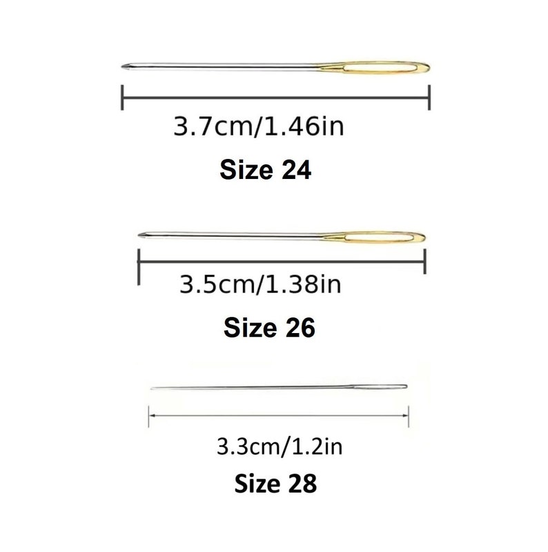 May include: Three needles of different sizes, measured in inches and centimeters. The needles are silver with gold eye tips. The needles are labeled with their sizes: Size 24, Size 26, and Size 28.