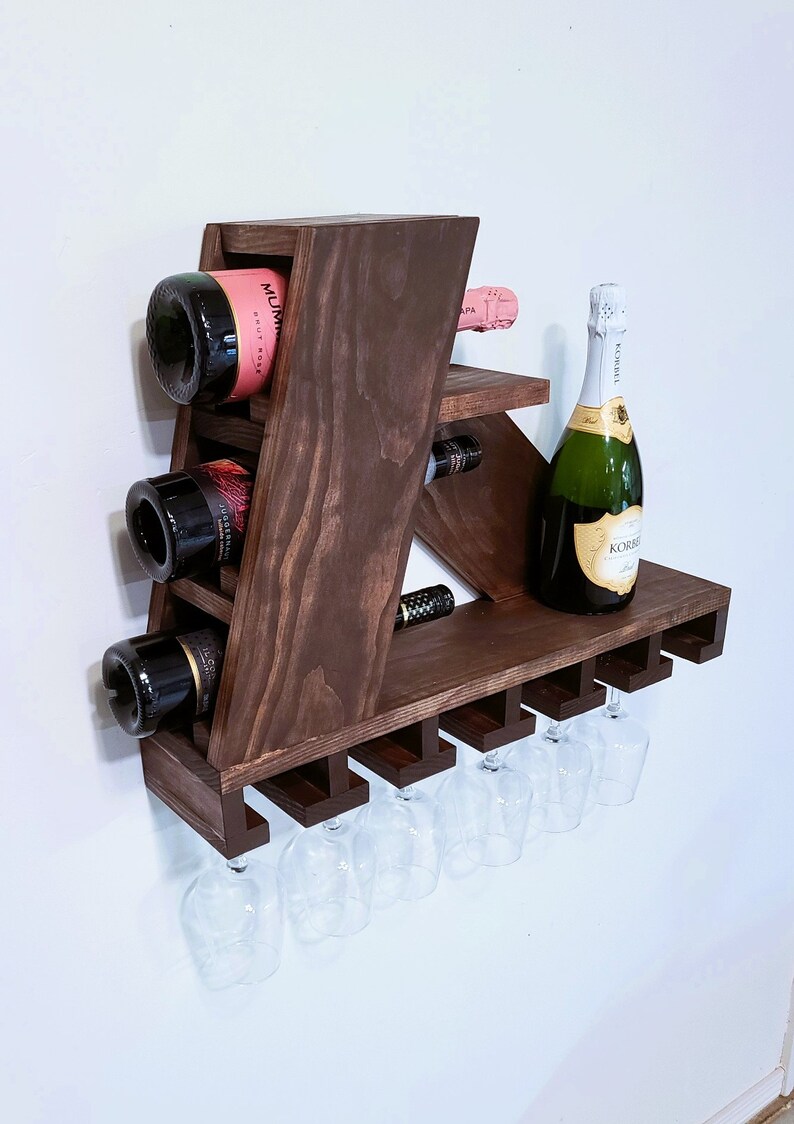 Modern Wall Mounted Wine Bottle & Glass Wood Rack - Etsy