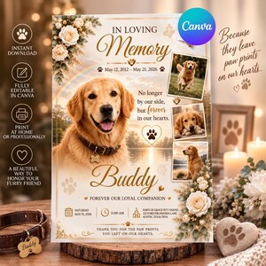 May include: A memorial poster for a pet dog named Buddy, featuring a golden retriever, three photos of the dog, floral accents, a rainbow, and the text: In Loving Memory, May 12, 2012 – May 21, 2026, No longer by our side, but forever in our hearts.