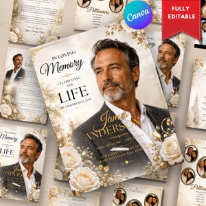 Könnte beinhalten: Eine Vorlage für ein Trauerprogramm mit dem Porträt eines Mannes im Anzug, goldenem Text In Loving Memory und Celebrating the Life sowie weißen Rosen. Das Design enthält Platzhalter für Namen, Daten und den Nachruftext.