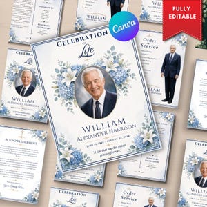 Peut inclure: Un ensemble de modèles de programme funéraire sur fond blanc avec des motifs floraux d'hortensias bleus et de lys blancs. La carte centrale affiche le texte Celebration of Life, William Alexander Harrison et le portrait d'un homme en costume.