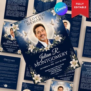 Navy Blue Funeral Program Template, Elegant Memorial Celebration of Life, White Lily Obituary, Editable Canva Template, Digital Download