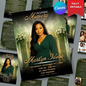 8-Page Green Funeral Program Template – Celebration of Life, Bi- Fold Memorial Program,Obituary Template,Editable Digital Download