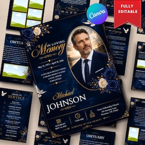 May include: A funeral program template featuring a dark blue background with gold text and floral accents. The central design includes an oval photo frame of a man in a suit, the text In Loving Memory, Michael Johnson, and service details.