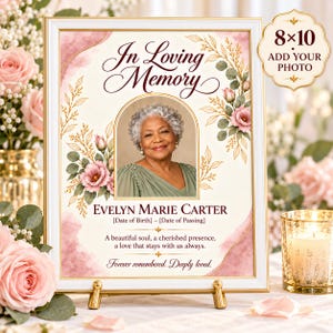 May include: A white framed memorial sign measuring 8 by 10 inches featuring the text In Loving Memory, a portrait of a person, the name Evelyn Marie Carter, and dates. The design includes pink watercolor accents and floral illustrations.