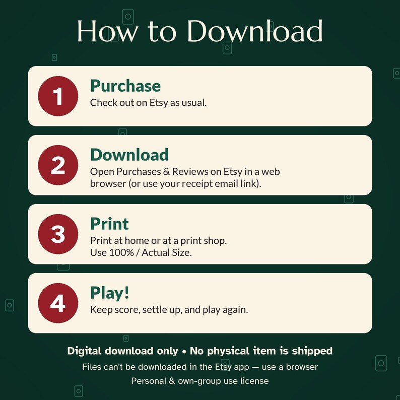 May include: A dark green informational graphic titled How to Download with four numbered steps in red circles. The steps are: 1. Purchase, 2. Download, 3. Print at 100% size, and 4. Play. Text notes digital download only and no physical item is shipped.