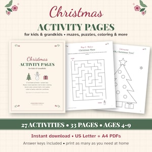 Christmas Activity Pages for Kids, 33 Printable Pages with Mazes, Coloring, Word Search, Classroom or Church Party Activity PDF image 1