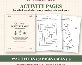 Può includere: Un set di pagine di attività natalizie stampabili per bambini e nipoti, con labirinti, puzzle e disegni da colorare. La pagina di copertina mostra il titolo Christmas ACTIVITY PAGES, con icone di un albero e un pupazzo.