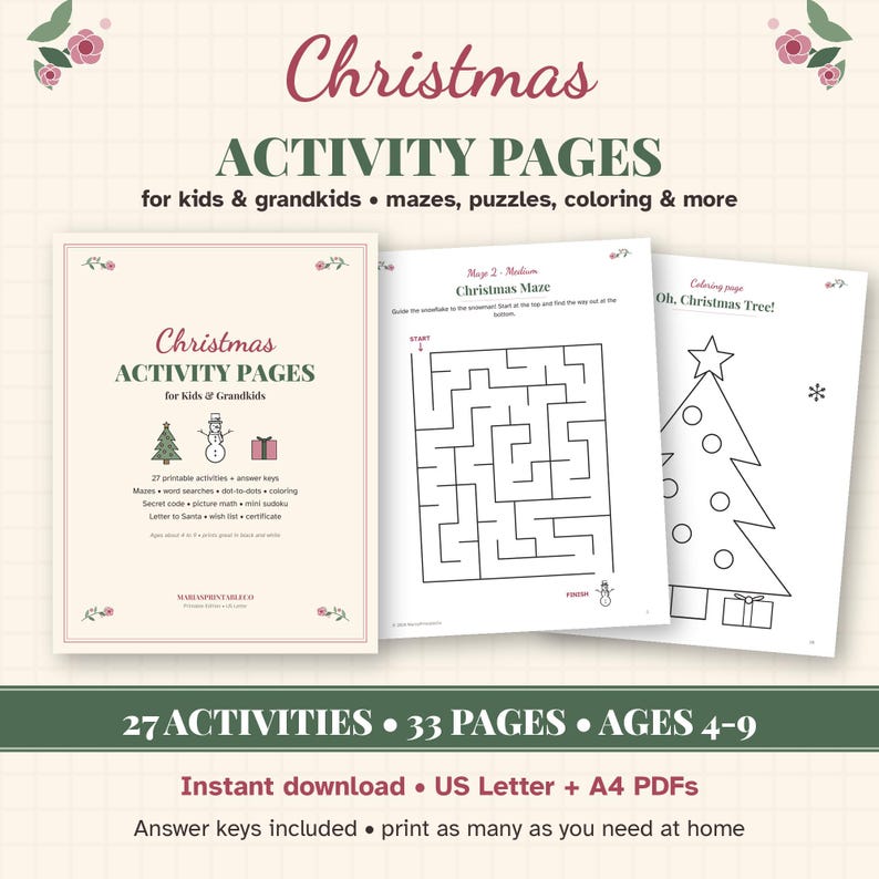 Christmas Activity Pages for Kids, 33 Printable Pages with Mazes, Coloring, Word Search, Classroom or Church Party Activity PDF image 1
