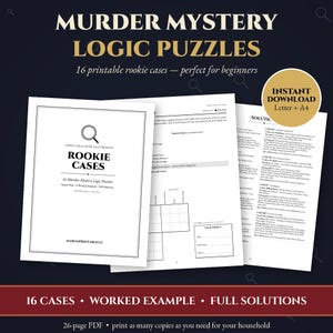 May include: A set of printable murder mystery logic puzzles titled Rookie Cases, featuring 16 cases, a worked example, and full solutions. The document includes a cover page, puzzle grids, and solution pages in a 26-page PDF format.