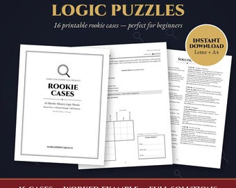 Puede incluir: Un conjunto de acertijos de lógica de misterio de asesinato imprimibles titulados Rookie Cases, que incluyen 16 casos, un ejemplo resuelto y soluciones completas. El documento incluye una portada, cuadrículas y soluciones.