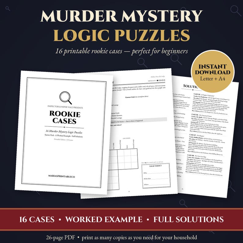 K&ouml;nnte beinhalten: Ein Set aus ausdruckbaren Mord-Mysterium-Logikr&auml;tseln mit dem Titel Rookie Cases, das 16 F&auml;lle, ein ausgearbeitetes Beispiel und vollst&auml;ndige L&ouml;sungen enth&auml;lt. Das Dokument umfasst ein Deckblatt, R&auml;tselgitter und L&ouml;sungsseiten.