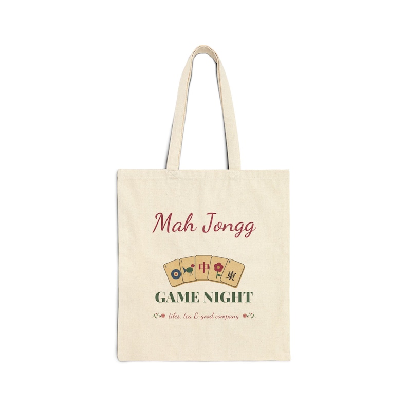 Mahjong Tote Bag for Her, Mah Jongg Gift for Grandma, Floral Game Night Canvas Tote, Christmas Gift for Mahjong Players and Club Friends image 1