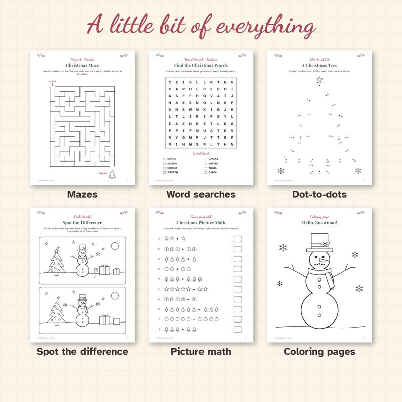 Christmas Activity Pages for Kids, 33 Printable Pages with Mazes, Coloring, Word Search, Classroom or Church Party Activity PDF image 2