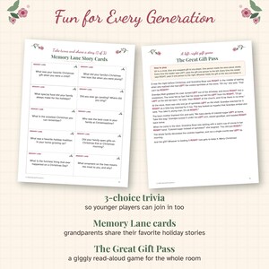 May include: Two printable game sheets titled Fun for Every Generation. The left sheet features Memory Lane Story Cards with holiday questions. The right sheet contains The Great Gift Pass, a left-right gift game with instructions and a story.