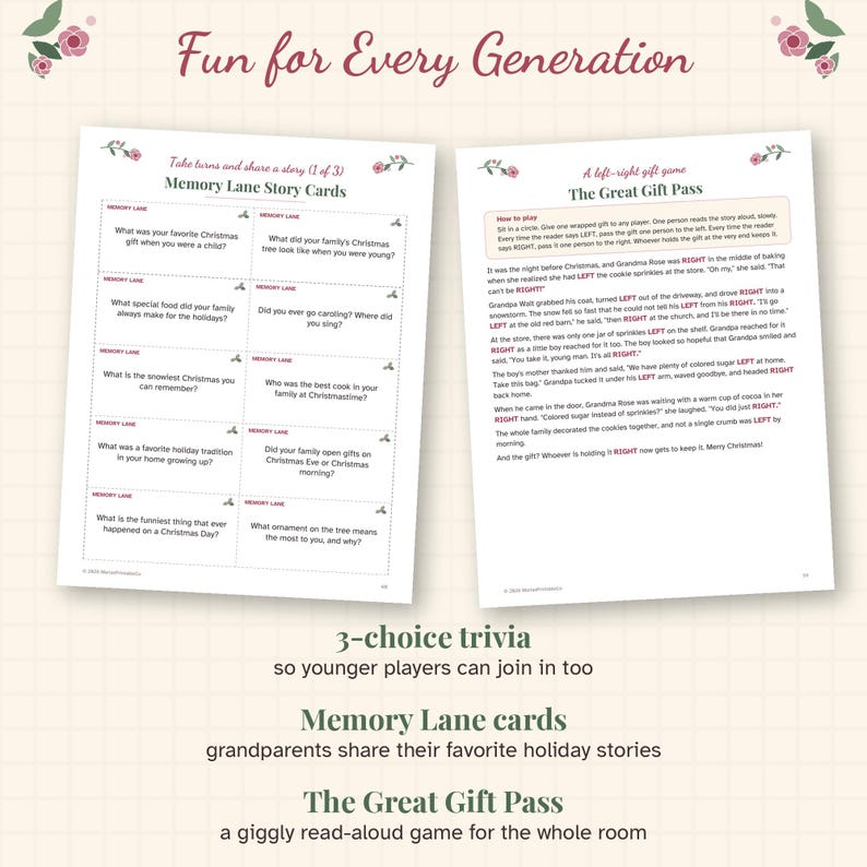 May include: Two printable game sheets titled Fun for Every Generation. The left sheet features Memory Lane Story Cards with holiday questions. The right sheet contains The Great Gift Pass, a left-right gift game with instructions and a story.