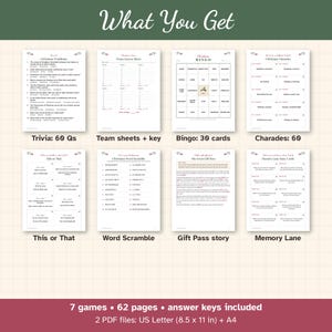 May include: A collection of eight printable Christmas game sheets including trivia, team answer sheets, bingo cards, charades, this or that, word scramble, a gift pass story, and memory lane cards. Text indicates 7 games, 62 pages, and 8.5 x 11 inch format.