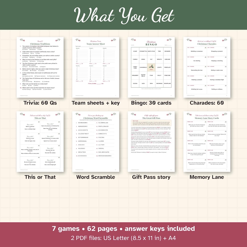 May include: A collection of eight printable Christmas game sheets including trivia, team answer sheets, bingo cards, charades, this or that, word scramble, a gift pass story, and memory lane cards. Text indicates 7 games, 62 pages, and 8.5 x 11 inch format.