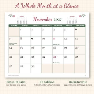 May include: A November 2027 calendar page titled A Whole Month at a Glance. It features a grid with days of the week, dates, and holidays like Veterans Day and Thanksgiving in rose text. Small October and December calendars are at the top.