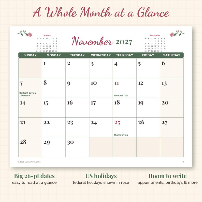 May include: A November 2027 calendar page titled A Whole Month at a Glance. It features a grid with days of the week, dates, and holidays like Veterans Day and Thanksgiving in rose text. Small October and December calendars are at the top.