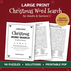 May include: A large print Christmas word search book for adults and seniors featuring 90 nostalgic holiday puzzles. The cover and interior pages display black text on white paper, including word lists and grids for puzzles like Kindness and Giving.