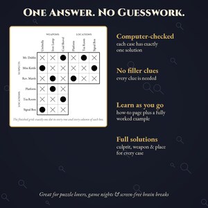K&ouml;nnte beinhalten: Ein Logikspiel-Spielbrett mit einem Raster aus Verd&auml;chtigen, Waffen und Orten. Der Text lautet: ONE ANSWER. NO GUESSWORK. Computer-checked, No filler clues, Learn as you go, Full solutions, Great for puzzle lovers.