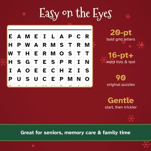 Puede incluir: Una portada de libro de sopas de letras con fondo rojo oscuro y copos de nieve blancos. El texto dice Easy on the Eyes, 20-pt bold grid letters, 16-pt+ word lists & text, 90 original puzzles, Gentle start, then trickier, y Great for seniors, memory care & family time.