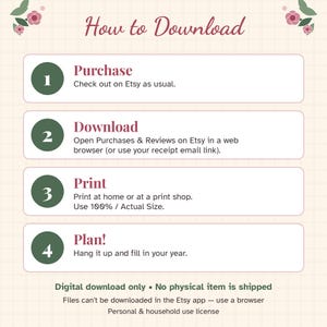 May include: An instructional graphic titled How to Download with four numbered steps in dark green circles. The steps are: 1. Purchase, 2. Download, 3. Print at 100% / Actual Size, and 4. Plan! It includes text about digital downloads and usage.