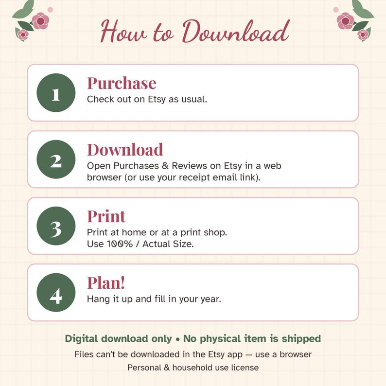 May include: An instructional graphic titled How to Download with four numbered steps in dark green circles. The steps are: 1. Purchase, 2. Download, 3. Print at 100% / Actual Size, and 4. Plan! It includes text about digital downloads and usage.