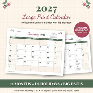 May include: A 2027 large print calendar featuring a monthly layout with US holidays. The design includes a grid for January 2027, dark green headers, and floral accents. Text includes 2027 Large Print Calendar, Instant Download Letter + A4, and 12 Months US Holidays Big Dates.