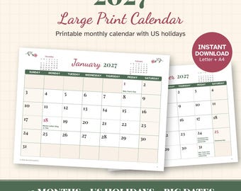May include: A 2027 large print calendar featuring a monthly layout with US holidays. The design includes a grid for January 2027, dark green headers, and floral accents. Text includes 2027 Large Print Calendar, Instant Download Letter + A4, and 12 Months US Holidays Big Dates.