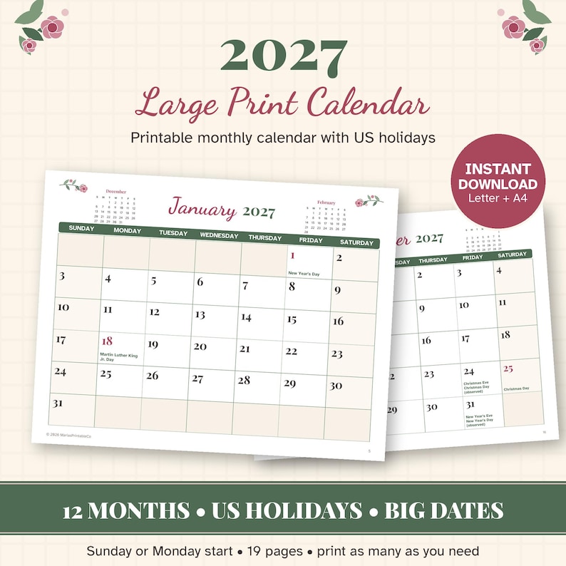 May include: A 2027 large print calendar featuring a monthly layout with US holidays. The design includes a grid for January 2027, dark green headers, and floral accents. Text includes 2027 Large Print Calendar, Instant Download Letter + A4, and 12 Months US Holidays Big Dates.