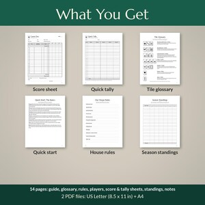 May include: A set of six white printed game documents including a score sheet, quick tally, tile glossary, quick start guide, house rules, and season standings. The text indicates 14 pages total in US Letter 8.5 by 11 inch format.