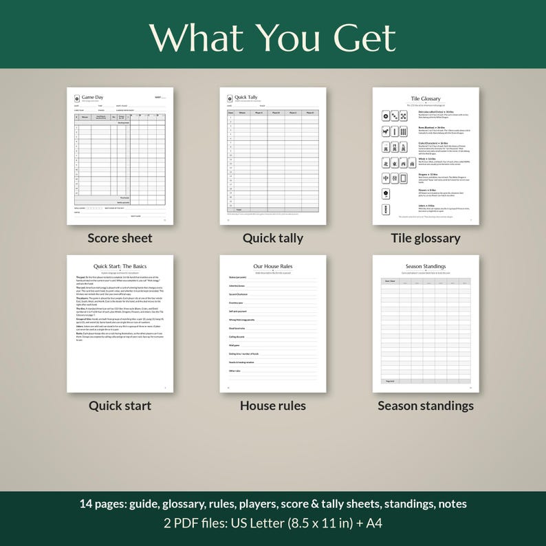May include: A set of six white printed game documents including a score sheet, quick tally, tile glossary, quick start guide, house rules, and season standings. The text indicates 14 pages total in US Letter 8.5 by 11 inch format.