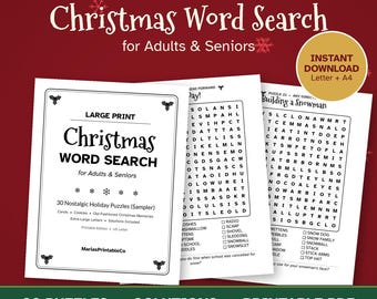 May include: A printable Christmas word search book for adults and seniors with large print. The cover and two interior pages are displayed, featuring 30 holiday puzzles, word lists, and solutions. The text includes "LARGE PRINT Christmas Word Search for Adults & Seniors" and "MariasPrintableCo".