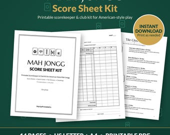 May include: A Mah Jongg score sheet kit featuring a title page with game tile illustrations, a grid-based scorekeeping page, and a tile glossary page. The documents are formatted for US Letter size and include 14 pages in a printable PDF format.