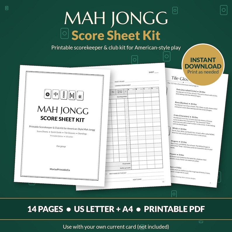 May include: A Mah Jongg score sheet kit featuring a title page with game tile illustrations, a grid-based scorekeeping page, and a tile glossary page. The documents are formatted for US Letter size and include 14 pages in a printable PDF format.