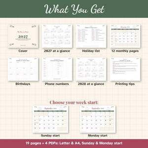 May include: A digital 2027 monthly calendar set featuring a cover, 2027 and 2028 at a glance pages, a holiday list, 12 monthly pages, birthday and anniversary logs, phone number lists, and printing tips with Sunday or Monday start options.
