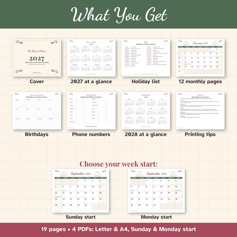 May include: A digital 2027 monthly calendar set featuring a cover, 2027 and 2028 at a glance pages, a holiday list, 12 monthly pages, birthday and anniversary logs, phone number lists, and printing tips with Sunday or Monday start options.