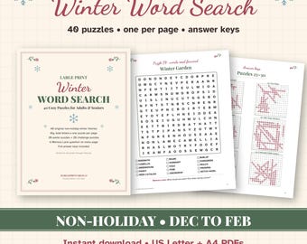 Large Print Winter Word Search for Seniors, 40 Printable Puzzles with Answers, Non-Holiday Winter Activity for Adults, PDF Letter A4