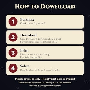 K&ouml;nnte beinhalten: Eine Anleitungsgrafik mit dem Titel HOW TO DOWNLOAD mit vier nummerierten Schritten in kastanienbraunen Kreisen auf cremefarbenen Rechtecken. Die Schritte umfassen Purchase, Download, Print und Solve. Text weist auf digitalen Download hin.