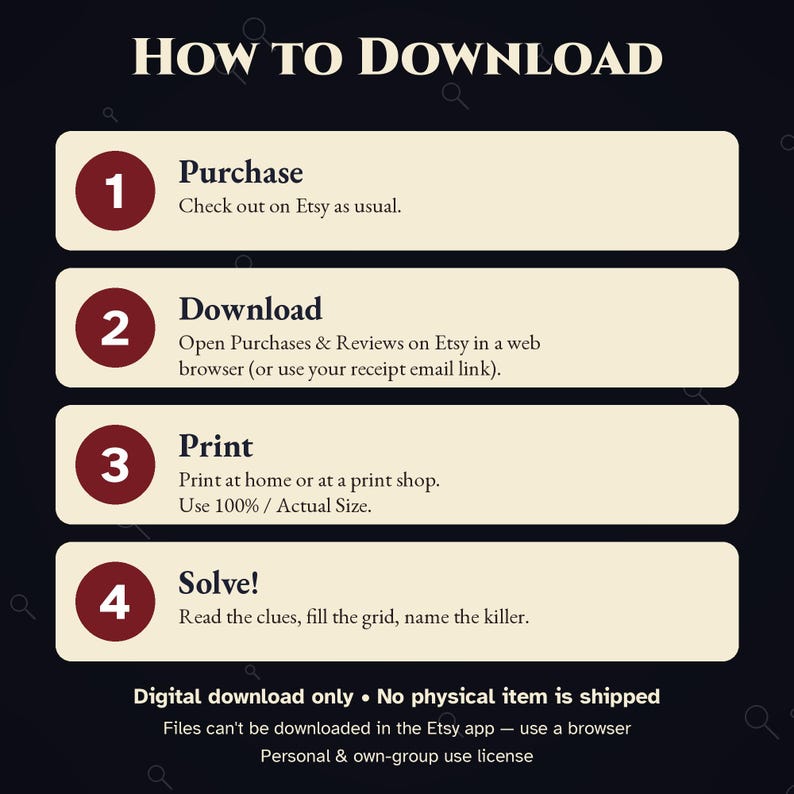 K&ouml;nnte beinhalten: Eine Anleitungsgrafik mit dem Titel HOW TO DOWNLOAD mit vier nummerierten Schritten in kastanienbraunen Kreisen auf cremefarbenen Rechtecken. Die Schritte umfassen Purchase, Download, Print und Solve. Text weist auf digitalen Download hin.