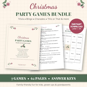 May include: A Christmas party games bundle featuring trivia, bingo, charades, and more. The printable pages include a cover sheet, a trivia sheet with questions about holiday traditions, and a bingo card. The design features floral accents.