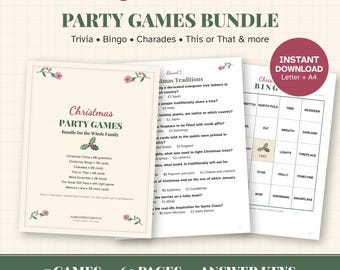May include: A Christmas party games bundle featuring trivia, bingo, charades, and more. The printable pages include a cover sheet, a trivia sheet with questions about holiday traditions, and a bingo card. The design features floral accents.