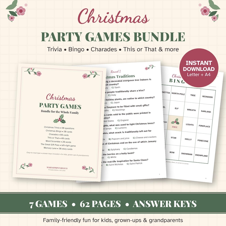 May include: A Christmas party games bundle featuring trivia, bingo, charades, and more. The printable pages include a cover sheet, a trivia sheet with questions about holiday traditions, and a bingo card. The design features floral accents.