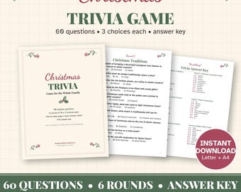 Può includere: Un gioco a quiz natalizio composto da tre pagine stampate con 60 domande, 3 opzioni ciascuna e una chiave di risposta. La copertina riporta il testo Christmas TRIVIA Game for the Whole Family con illustrazioni di agrifoglio.