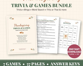 Può includere: Un pacchetto di giochi e quiz per il Ringraziamento con fogli stampati contenenti domande, cartelle di bingo e ricerche di parole. Il testo include Thanksgiving Trivia & Games Bundle, 7 Games, 57 Pages, Answer Keys e Instant Download Letter + A4.
