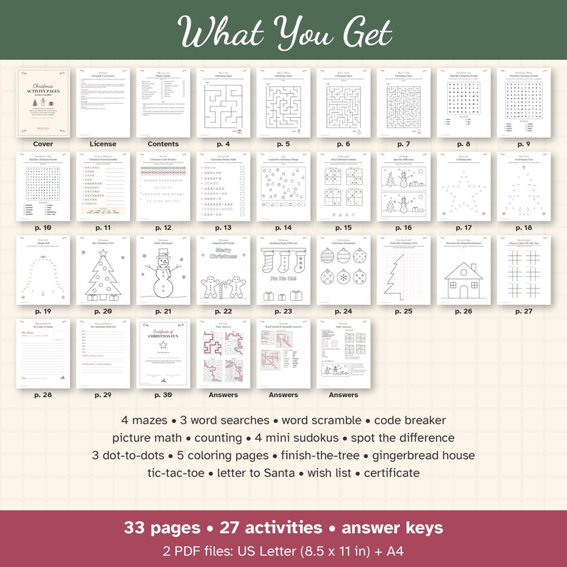 Christmas Activity Pages for Kids, 33 Printable Pages with Mazes, Coloring, Word Search, Classroom or Church Party Activity PDF image 3